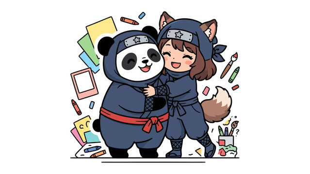 Ninja Friends Forever: An adorable panda and a foxy ninja share a heartwarming embrace amidst a colorful backdrop of art supplies, celebrating friendship and creativity.