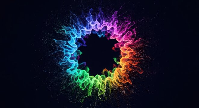 Abstract microscopic view of subatomic particles swirling in a deep cosmic void, showcasing vibrant colors and fluid physical transitions, physical, particles, explosion