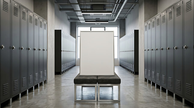 Empty poster banner mockup on bench in modern gym locker room with gray lockers
