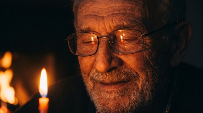 Elderly man with glasses illuminated by candles in the dark