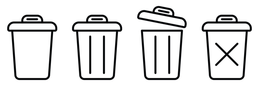 Clean outline trash can and recycle bin icons set for digital design elements