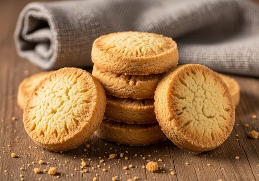 Golden brown buttery shortbread biscuits arranged on a rustic wooden table with scattered crumbs and a cozy linen napkin in the background, top view, dough, melt-in-mouth