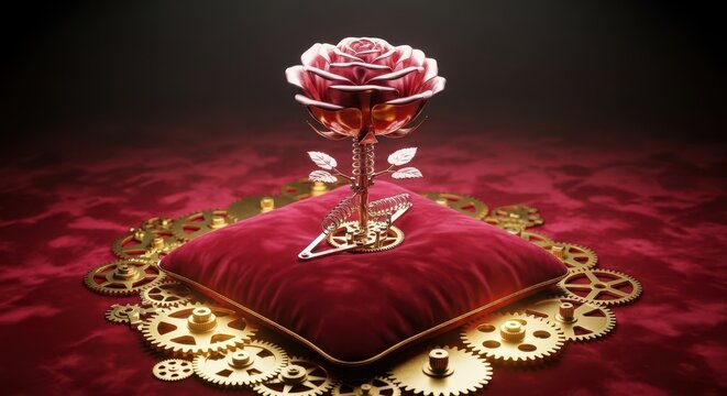 Intricate mechanical rose crafted from polished copper and pink petals rests on a velvet cushion surrounded by glowing brass gears and cogs, spring, coral, ornate