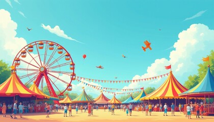 Obraz premium Colorful carnival amusement park with ferris wheel, tents under bright sunny sky. Families enjoy outdoor summer fairground entertainment. People walk around festive holiday event with red balloons,