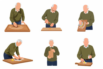 Senior man cleaning and maintaining a wooden cutting board vector illustration set