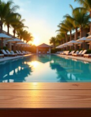 Fototapeta premium Wooden table in foreground, luxury resort pool and palm trees in background at sunset. Tropical vacation, relaxation, hotel amenities, product placement, sample space.