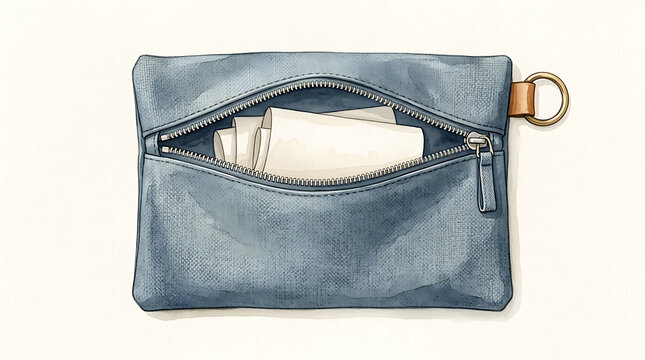 Blue fabric zippered pouch containing white paper sheets isolated on a white watercolor background