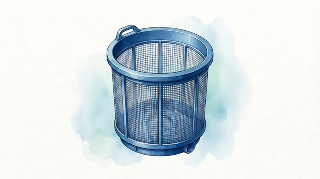 Blue plastic mesh basket or sieve container isolated on a soft white watercolor style background