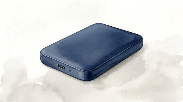 Dark blue external hard drive portable storage device with usb port on a watercolor background