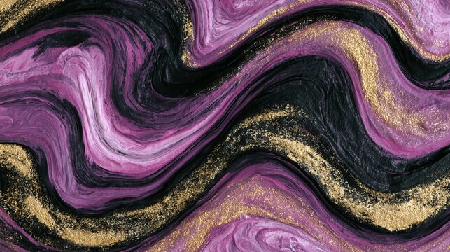 Abstract fluid art background with swirling purple, black, and gold tones, creating a luxurious and dynamic marbled texture