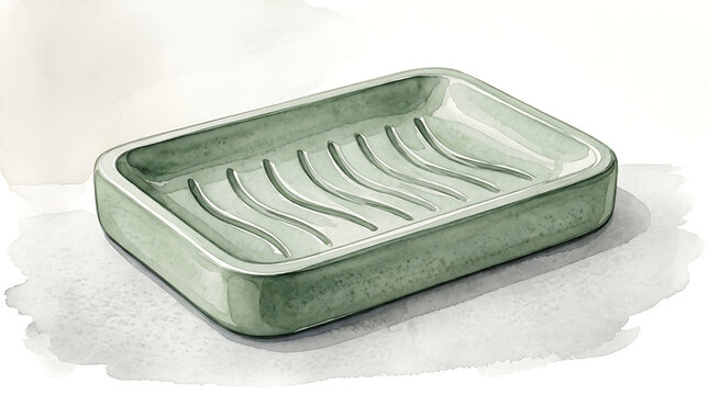 Watercolor of an empty rectangular green soap dish with ridges on a white background