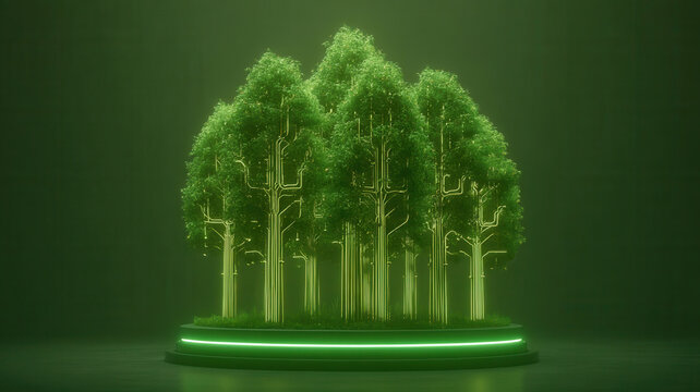 Nature conservation digital tree forest green glowing forest model with circuit tree design for ecology concept