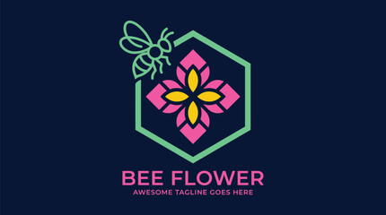 Bee flower logo vector illustration featuring a geometric honeycomb hexagon shape with vibrant colorful floral elements © VectroGraphy