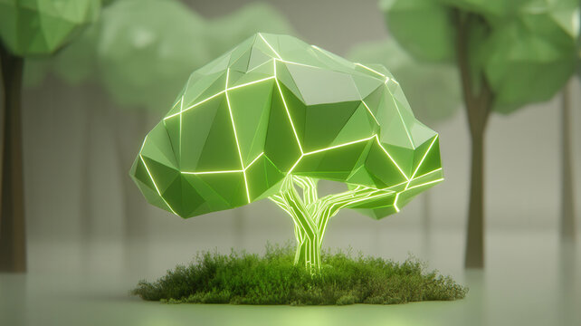 Green tree, low poly, glowing line, moss, forest, nature, conservation art with geometric polygon design