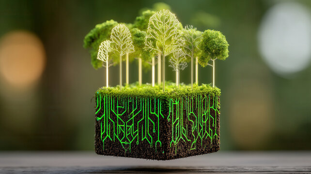 Nature conservation green tree forest cube moss circuit root glowing digital ecology model