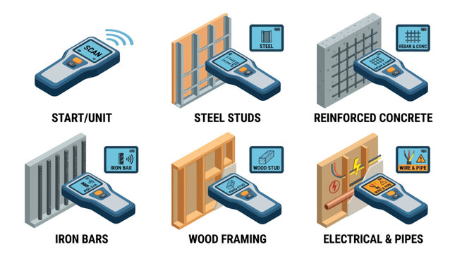 Isometric illustration of stud finder detecting various wall elements.