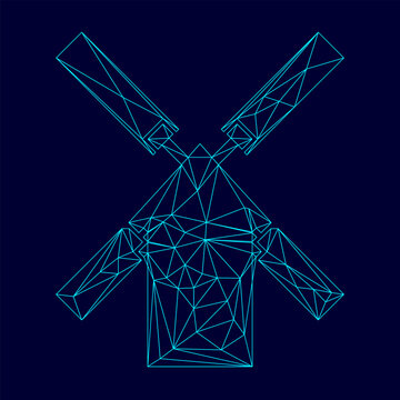 Mill low poly triangulation triangulated polygonal electric cyan blue vibrant aqua neon color outline contour line