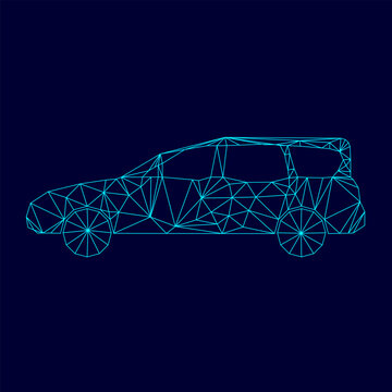 Family car low poly triangulation triangulated polygonal electric cyan blue vibrant aqua neon color outline contour line