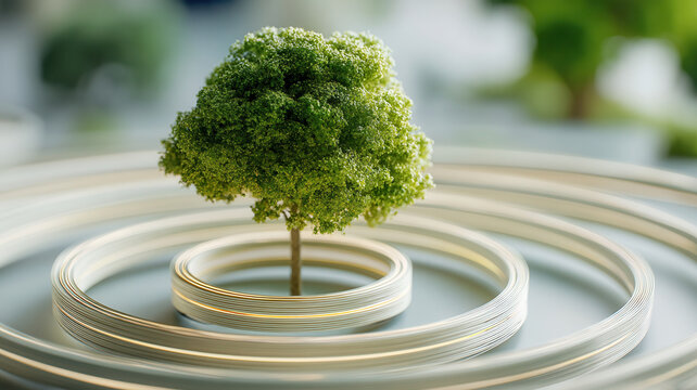 Tree, ring, nature, conservation, green, circular concept showing small tree with spiral line and soft background