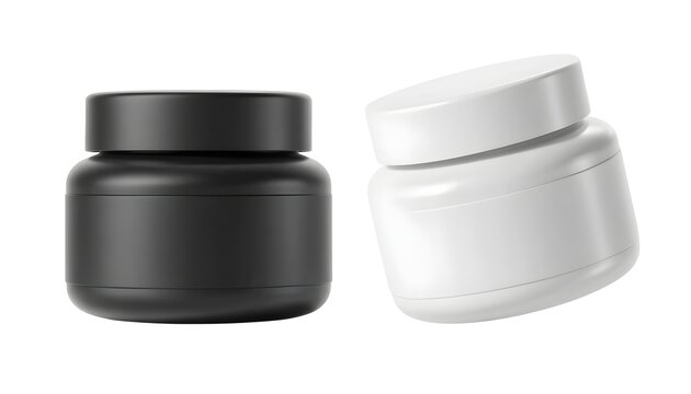 Empty cosmetic jars for skincare product packaging design. Minimalist white and black containers for beauty cream branding mockups.
