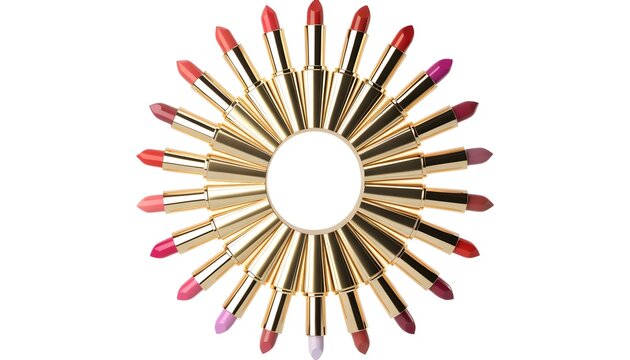 Set of luxury lipsticks arranged in a circular display. High-end cosmetic products with glossy metallic tubes and vibrant shades for beauty brands.