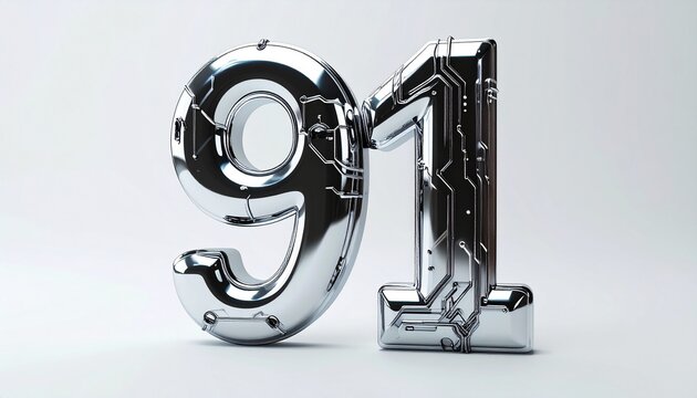 Shiny metallic 3D numbers ninety one.