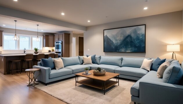 Spacious open concept living area with light blue sectional sofa, modern kitchen island. Large abstract mountain art hangs over seating. Light wood floors, neutral rug complete cozy space. Room