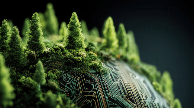 Nature conservation circuit forest moss technology green mossy circuit landscape blending ecology and innovation