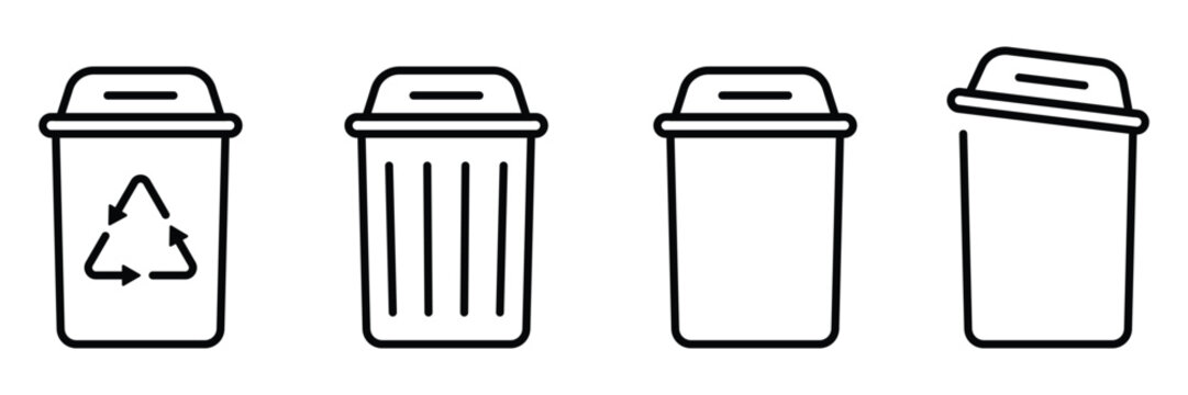 Set of minimalist line art trash can and recycling bin icons