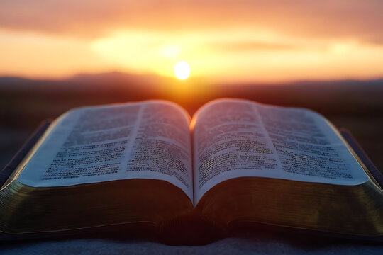 A Bible on a wooden surface against the backdrop of a breathtaking sunrise, the golden and orange rays of the new dawn cutting through the sky.
