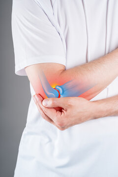 Diseases of the elbow joint, bone fracture and inflammation, man suffering from pain in cubit