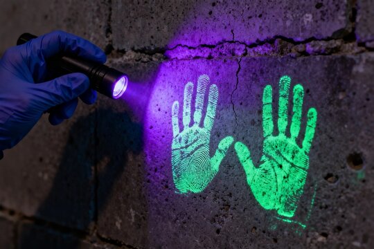 UV-lit handprints on concrete wall