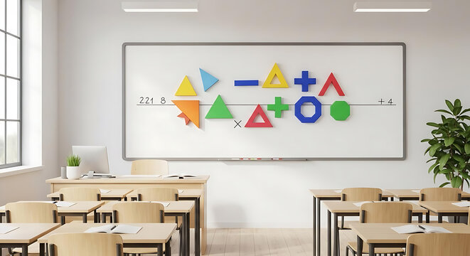 Modern classroom with whiteboard and colorful geometric shapes for education and learning