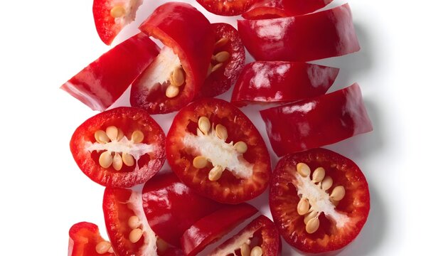 Fresh ripe tomatoes sliced on white background. Juicy red vegetable halves with seeds for healthy cooking and food styling.