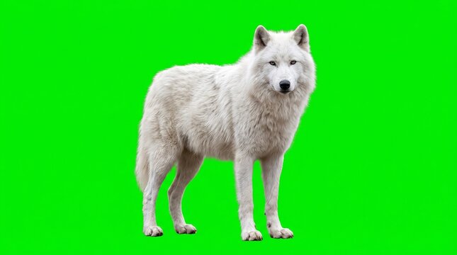 Majestic white arctic wolf standing still on a green screen background for video editing and compositing