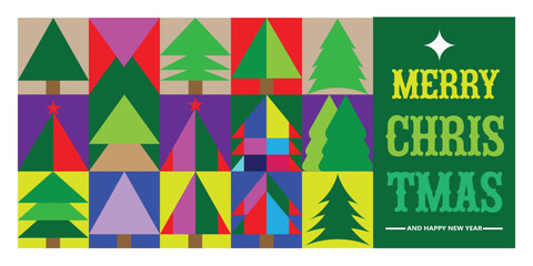 Holiday card design featuring geometric christmas trees and seasonal greetings flat vector. © Ai Gallerybd