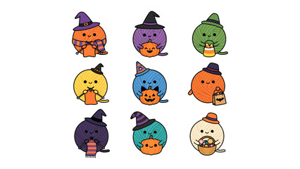 Naklejka premium Adorable Halloween Character Collection: A charming assortment of nine cute, round Halloween characters dressed in festive costumes and holding holiday-themed props, ready to delight and spook.