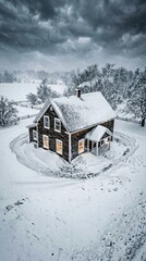Fototapeta premium Atmospheric rustic wooden cabin isolated in deep snow during a heavy winter blizzard at twilight