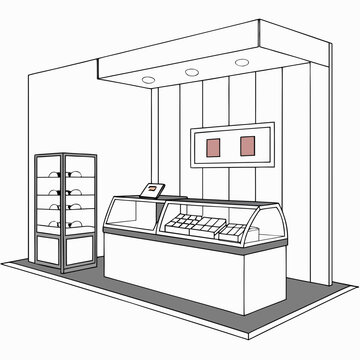 Empty bakery shop with display cases and shelves bakery case bakery store