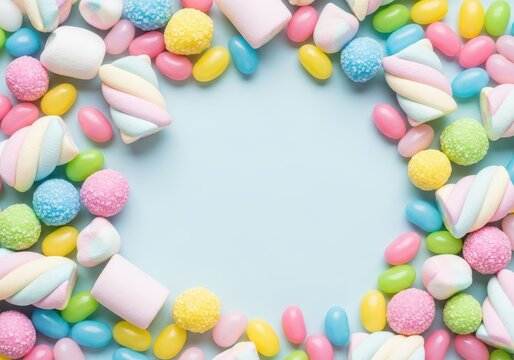 A festive, bright background filled with shiny, pastel-colored jelly beans, sugar-coated chocolates, and marshmallow treats for the spring holiday, festive, yummy, confection