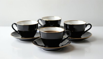 Fototapeta premium Set of black coffee cups with gold trim stands on white table. Ceramic tableware features luxury elegant design for home kitchen dining. Shiny porcelain mugs with saucers provide modern style