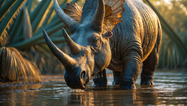 A heavy ceratopsian dinosaur drinking from a jungle river at sunset, showing detailed rhino-like skin folds, sharp horns, and water dripping from its snout