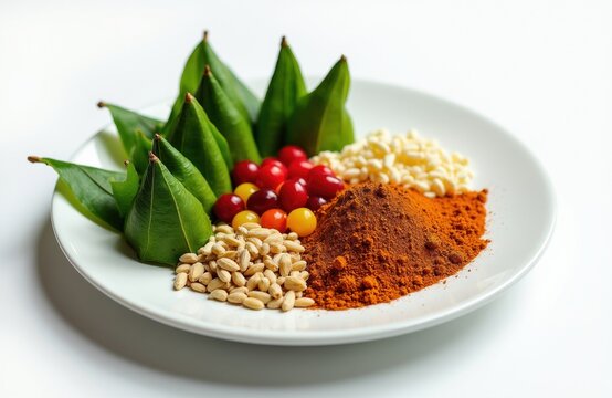 Traditional Indian paan ingredients on white plate. Fresh green betel leaves folded in cones with aromatic spices plus red berries. Sweet herbs digestive snack for after dinner meal refreshment.