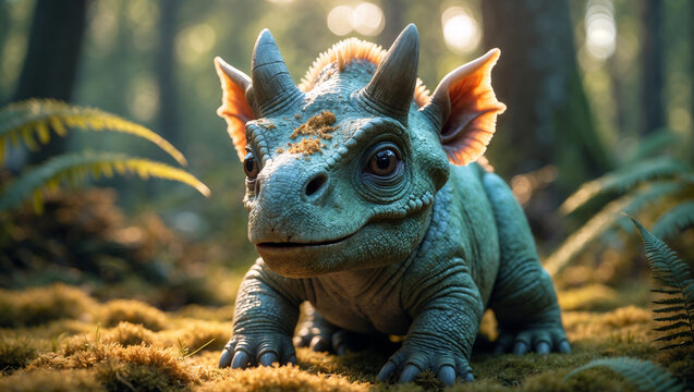 Cute baby dinosaur with small horns and big expressive eyes standing on a soft mossy forest floor in a sunlit prehistoric jungle