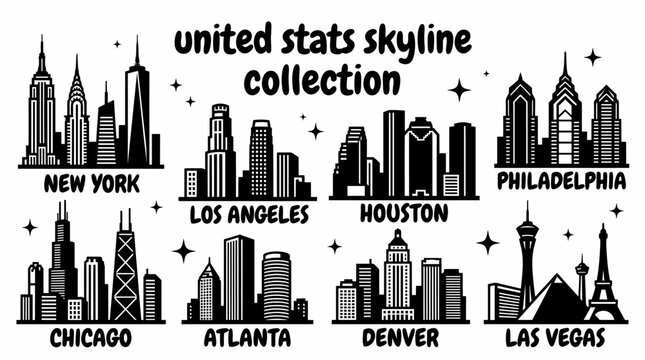 united states city skylines featuring famous downtown landmarks from new york chicago los angeles houston philadelphia atlanta denver and las vegas arranged as a premium commercial vector illustration