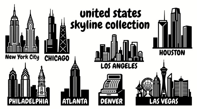 united states city skylines featuring famous downtown landmarks from new york chicago los angeles houston philadelphia atlanta denver and las vegas arranged as a premium commercial vector illustration