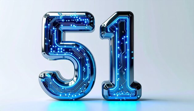 Futuristic Digital Number Fifty One Metallic Circuit Board Design with Glowing Blue Light Technology Infused Graphics