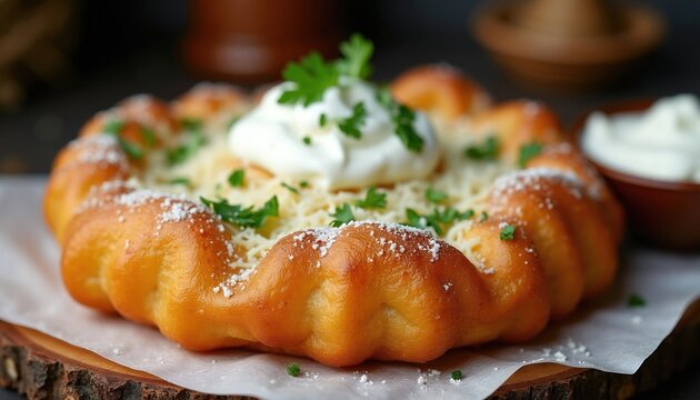 Fresh golden langos served on wooden board. Traditional Hungarian street food features deep fried dough topped with grated cheese sour cream, fresh green parsley herbs. Famous central European snack
