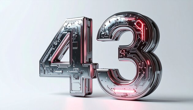 Metallic Futuristic Number Forty Three with Glowing Red Circuit Board Texture Design