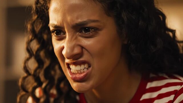 Close-up shot of a person wearing a striped shirt gritting their teeth with an intense expression of anger, frustration, or physical pain against a neutral background.